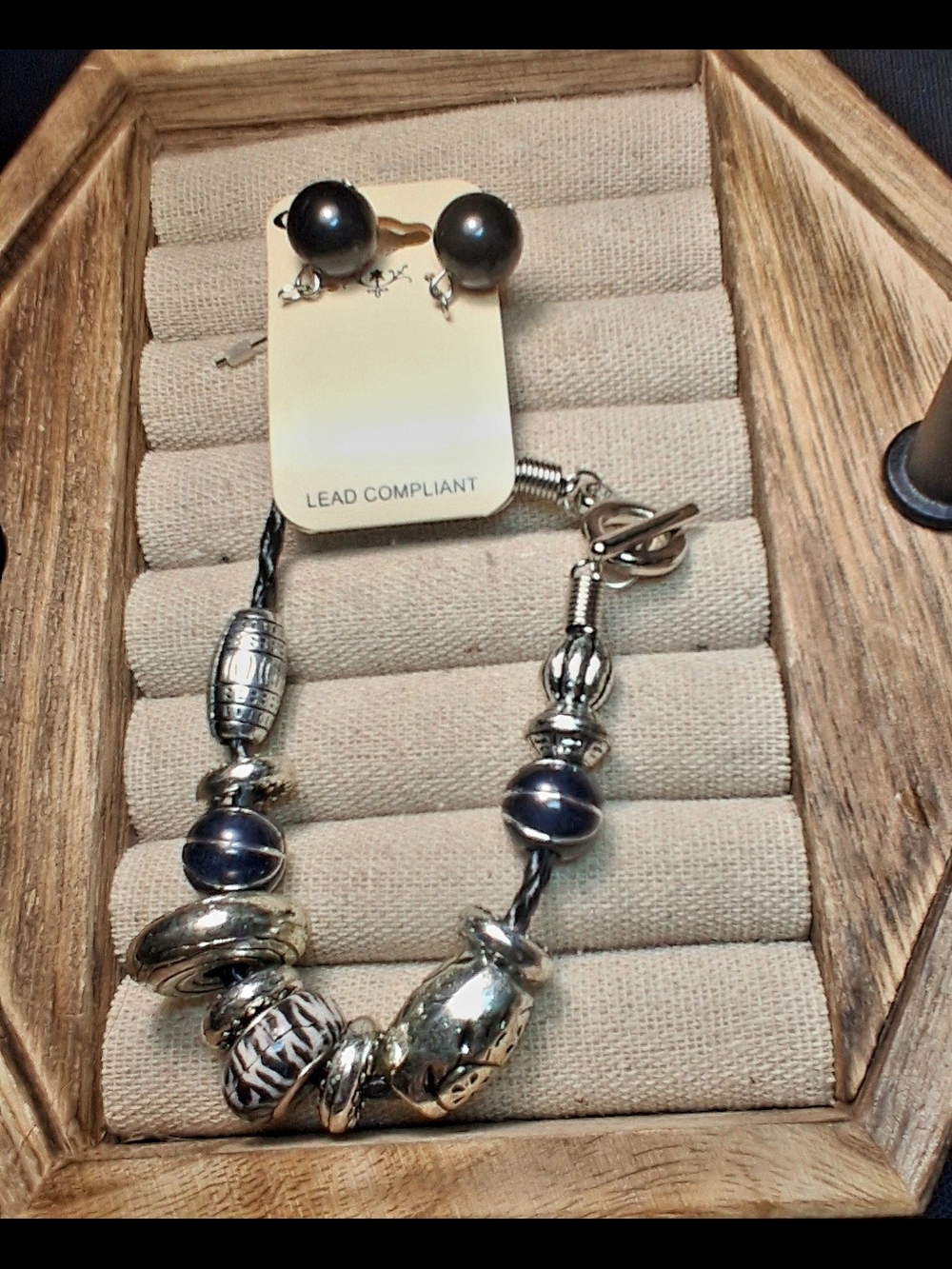 Silver-Tone Beaded Bracelet with Dark Gray Accents